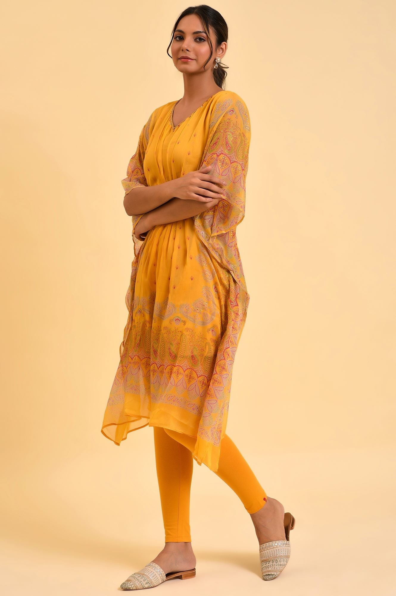 Light Mustard Printed Kaftan With Yellow Tights