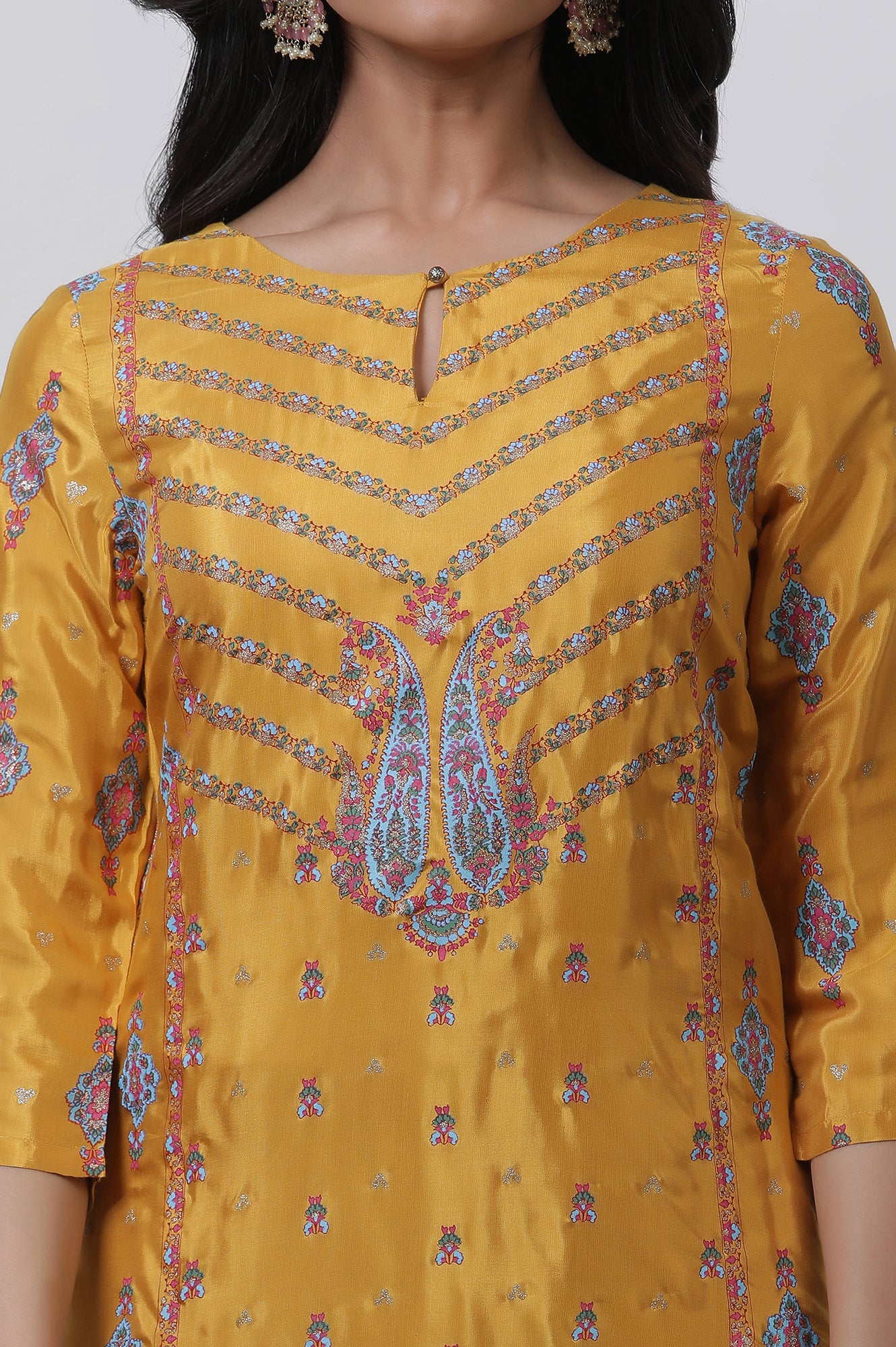 Yellow Glitter Printed Kurta And Pants Set