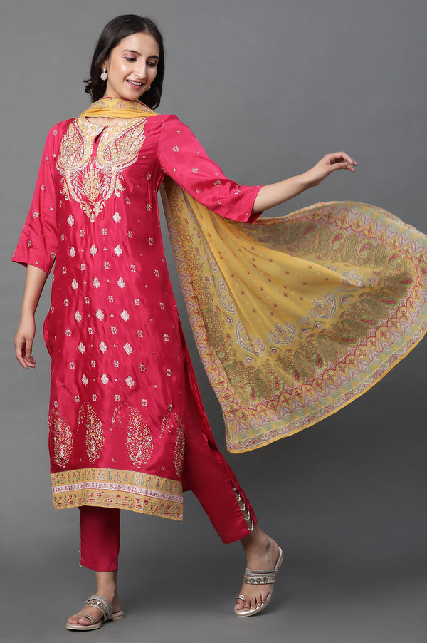 Dark Pink Placement Printed Kurta, Pants And Dupatta Set