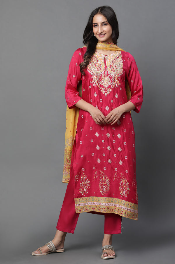 Dark Pink Placement Printed Kurta, Pants And Dupatta Set