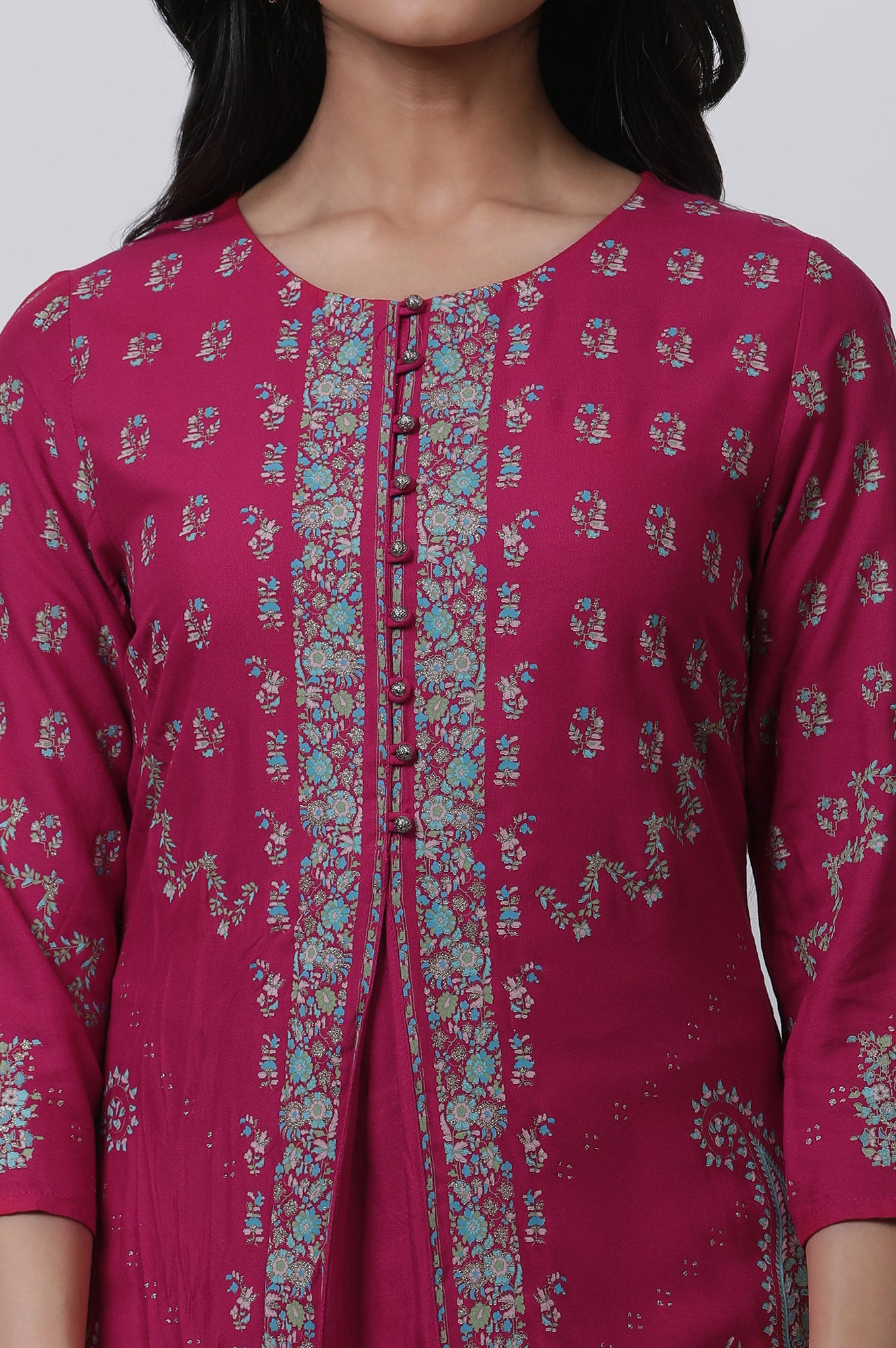 Pink Placement Printed Kurta And Blue Pants