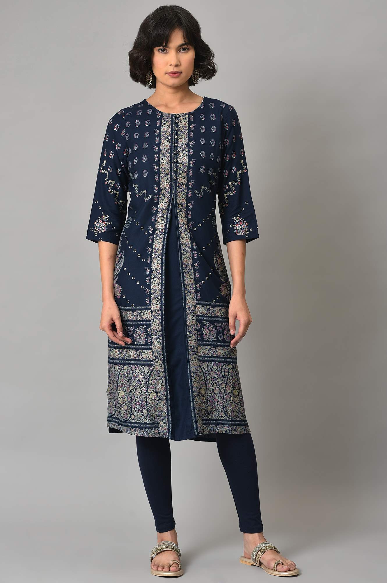 Dark Blue Glitter Printed kurta With Parallel Pants