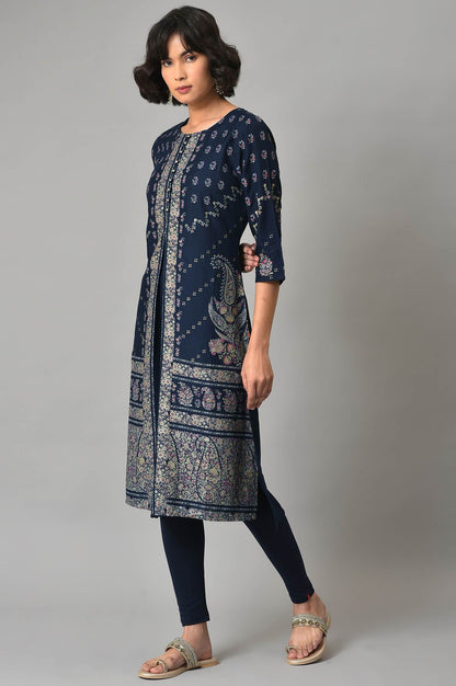 Dark Blue Glitter Printed kurta With Parallel Pants