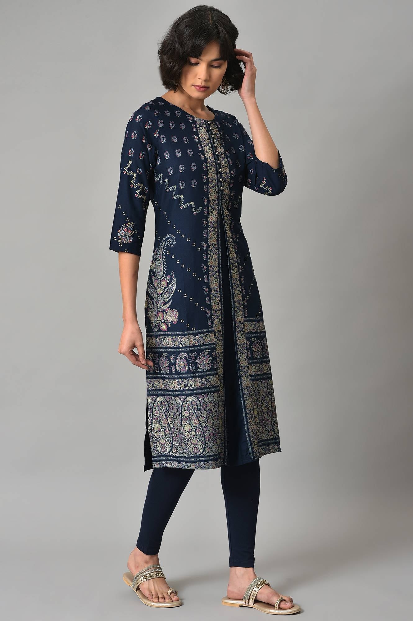 Dark Blue Glitter Printed kurta With Parallel Pants