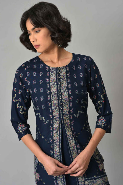 Dark Blue Glitter Printed kurta With Parallel Pants