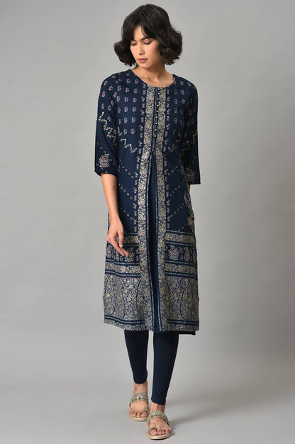 Dark Blue Glitter Printed kurta With Parallel Pants