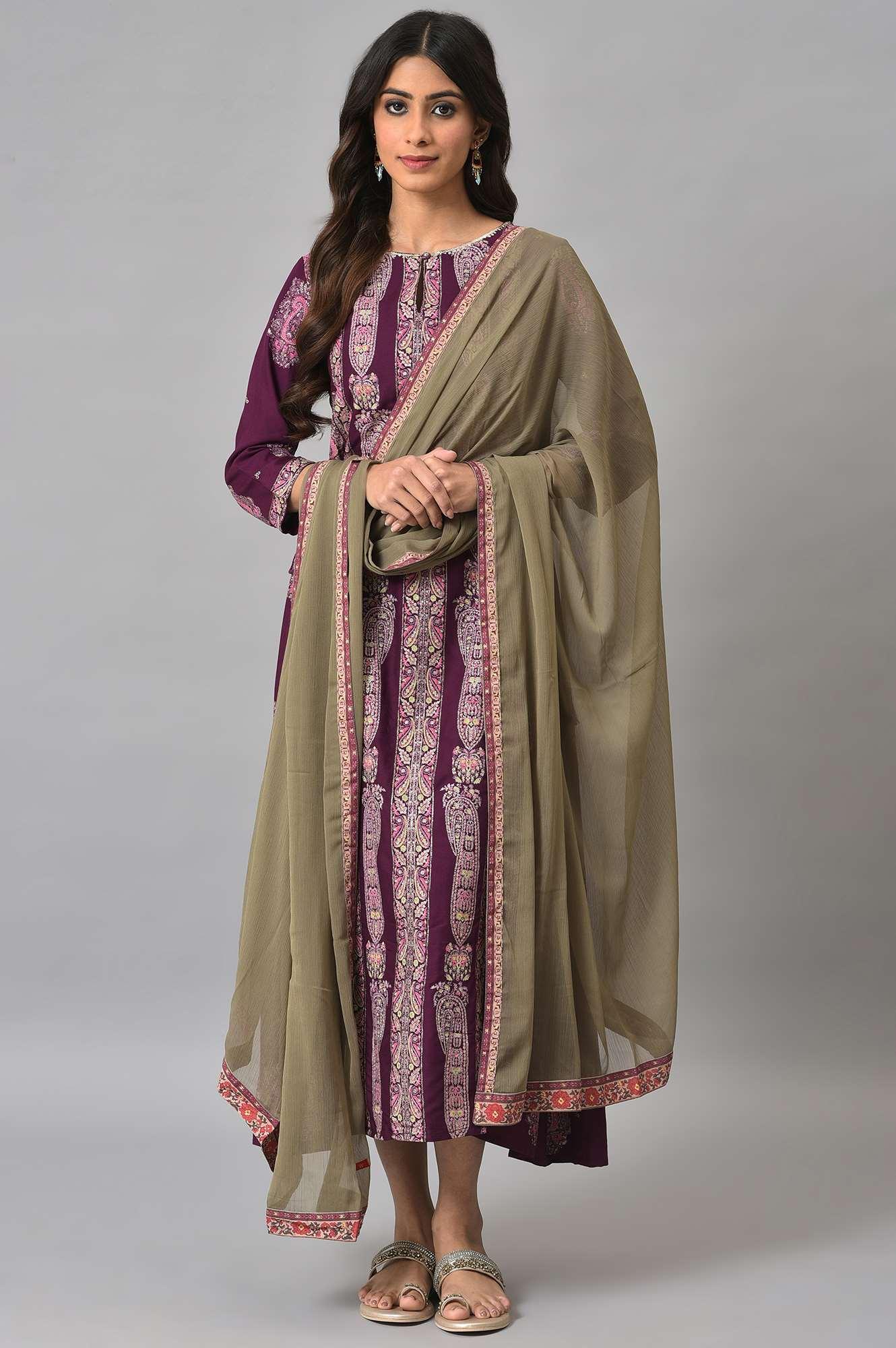 Purple Paisley Print kurta With Olive Chiffon Dupatta - wforwoman