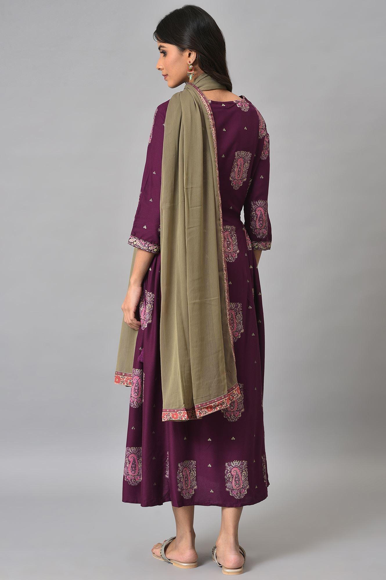 Purple Paisley Print kurta With Olive Chiffon Dupatta - wforwoman