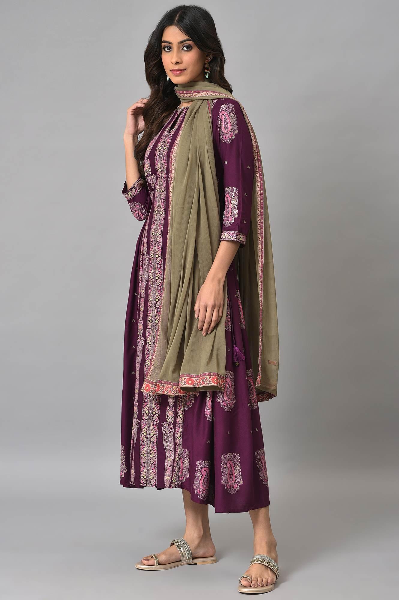 Purple Paisley Print kurta With Olive Chiffon Dupatta - wforwoman