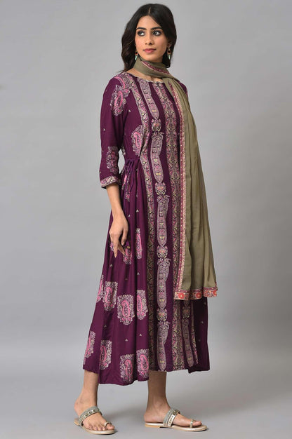 Purple Paisley Print kurta With Olive Chiffon Dupatta - wforwoman