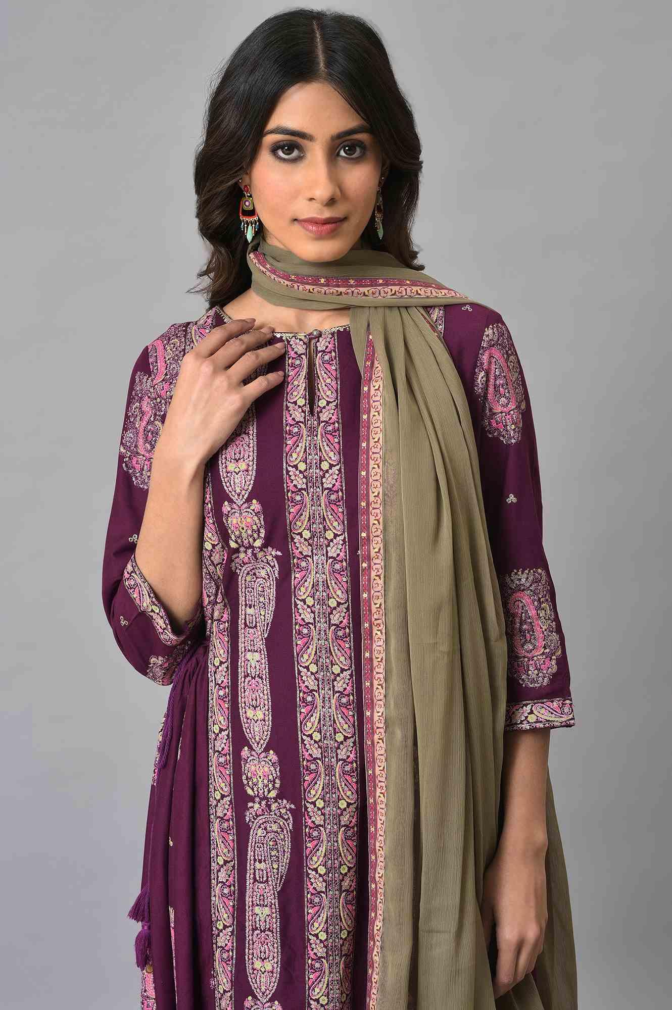 Purple Paisley Print kurta With Olive Chiffon Dupatta - wforwoman