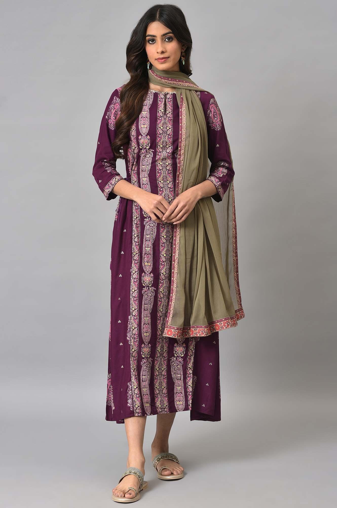 Purple Paisley Print kurta With Olive Chiffon Dupatta - wforwoman