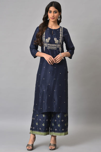 Dark Blue Glitter Printed kurta With Parallel Pants