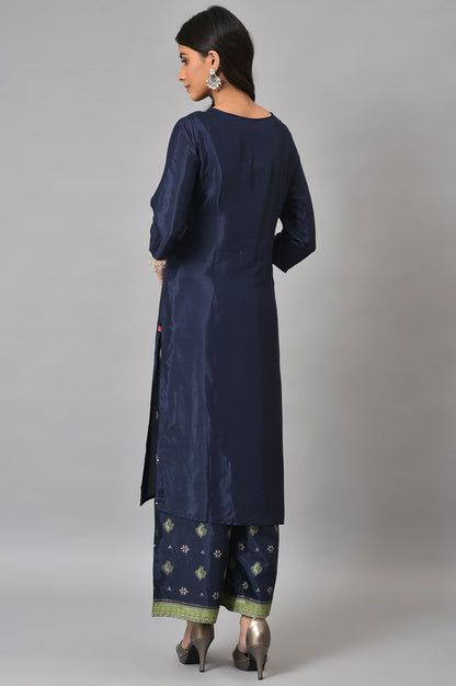 Dark Blue Glitter Printed kurta With Parallel Pants