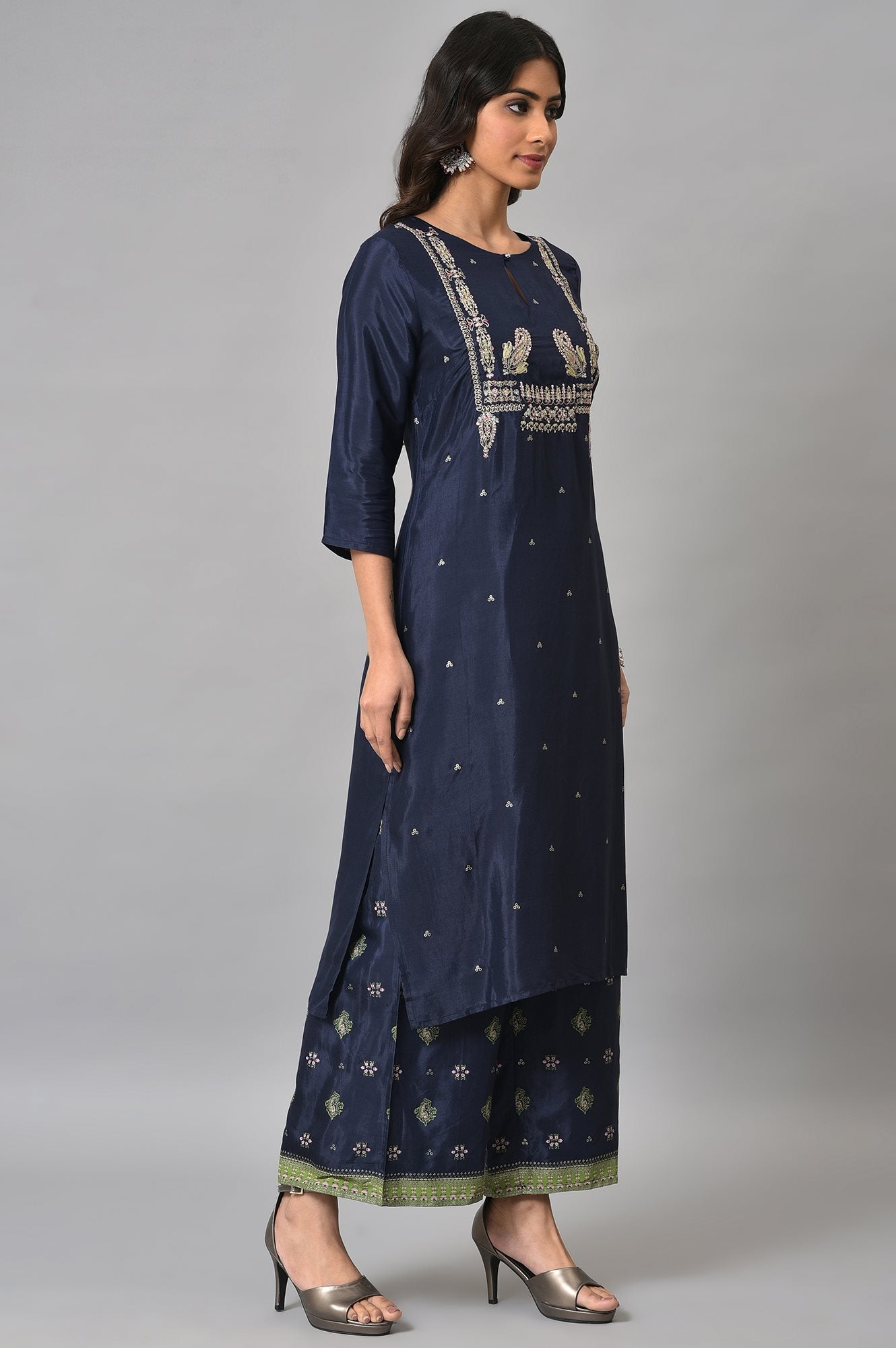 Dark Blue Glitter Printed kurta With Parallel Pants