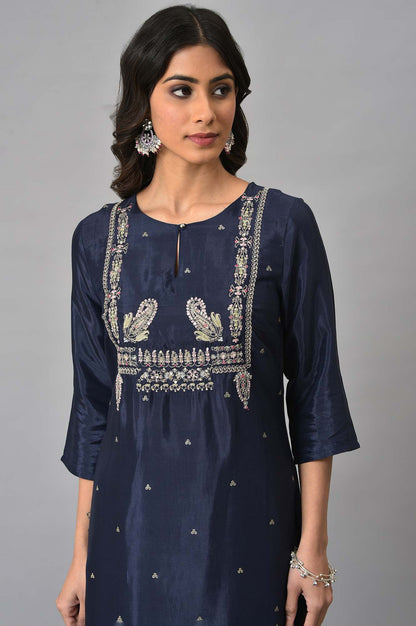 Dark Blue Glitter Printed kurta With Parallel Pants