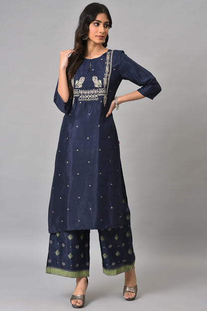 Dark Blue Glitter Printed kurta With Parallel Pants