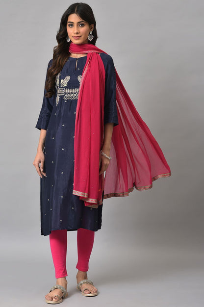 Blue Shatung Embroidered Festive kurta With Pink Tights And Chiffon Dupatta - wforwoman