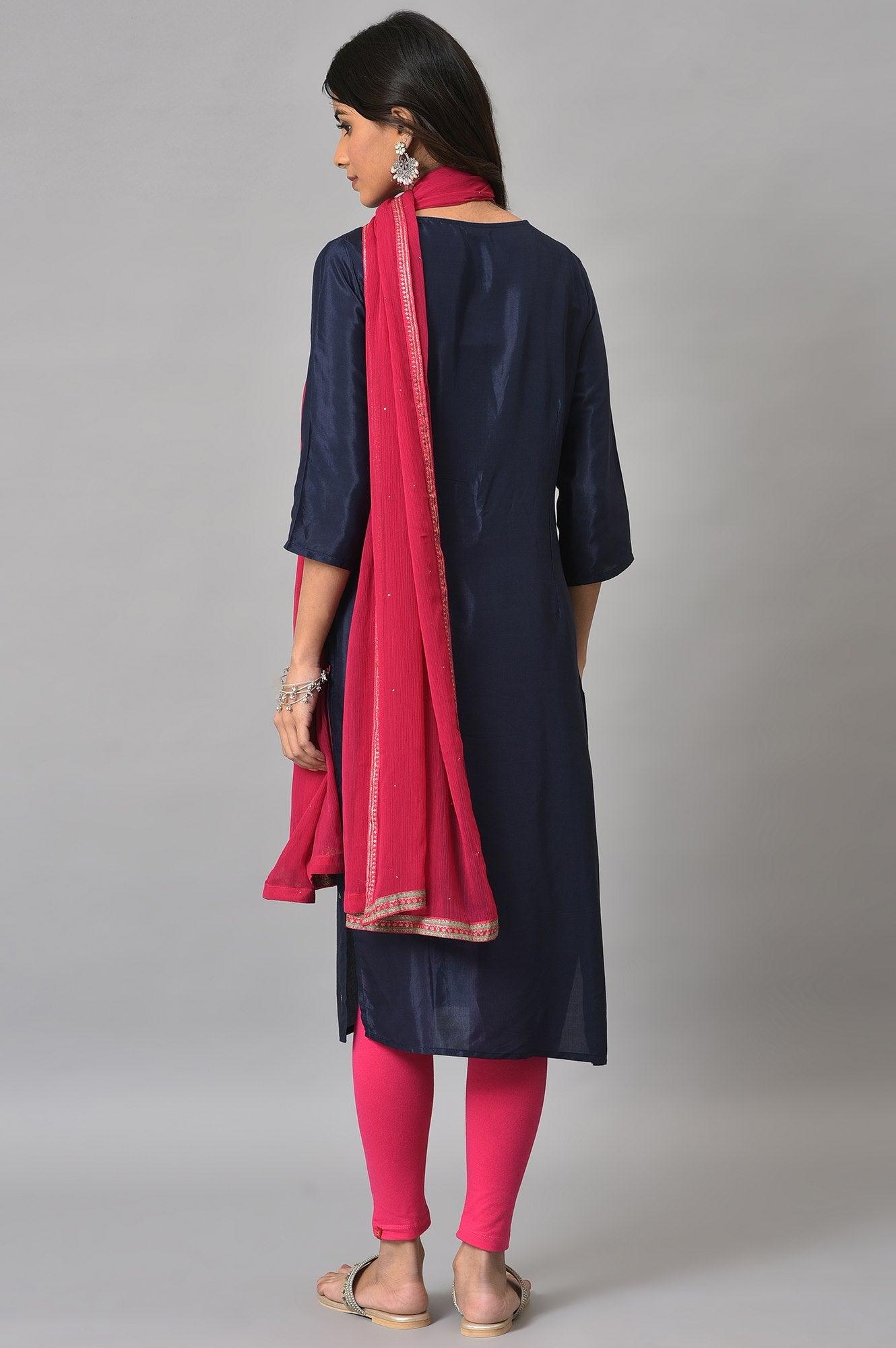 Blue Shatung Embroidered Festive kurta With Pink Tights And Chiffon Dupatta - wforwoman