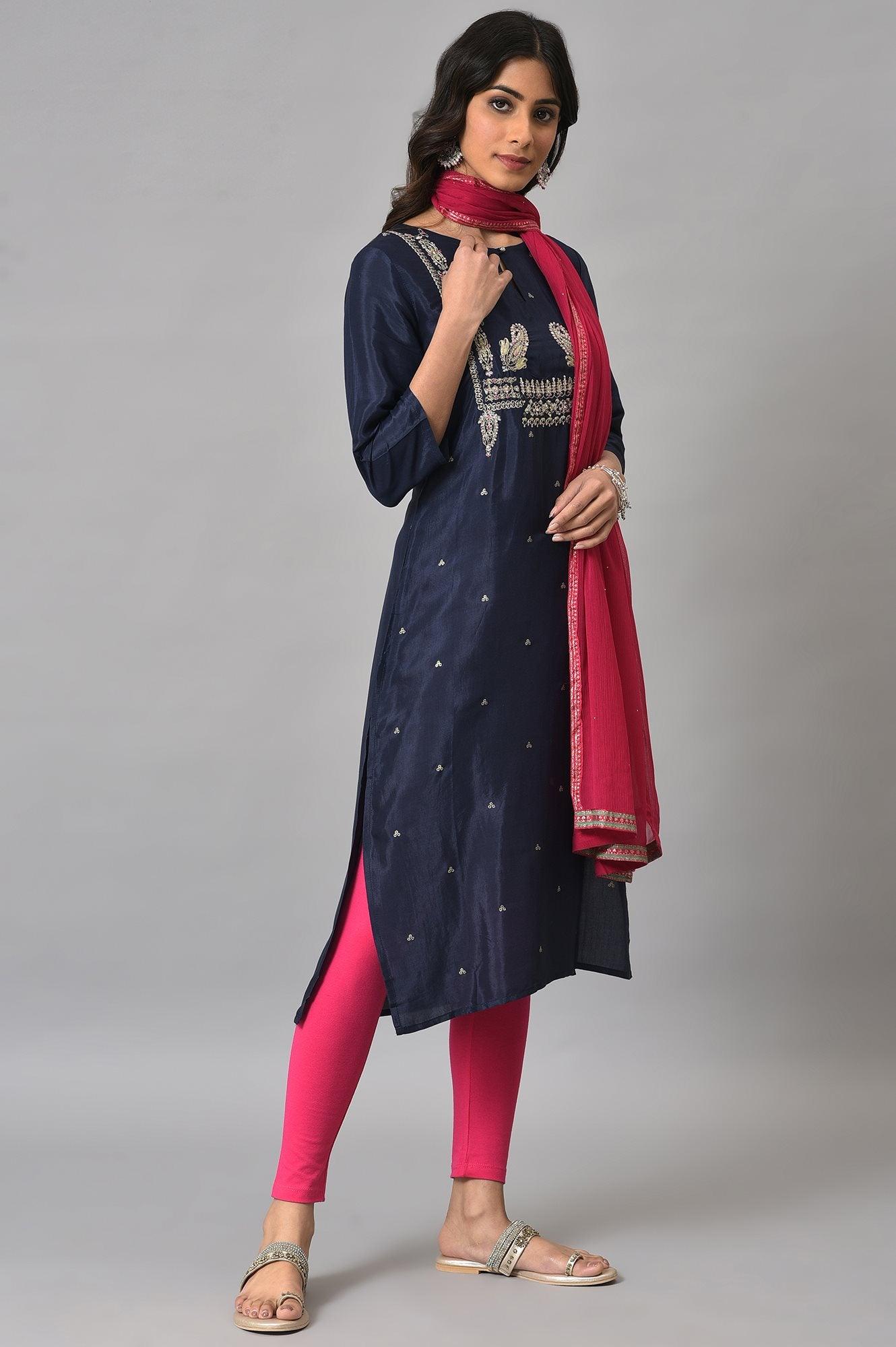 Blue Shatung Embroidered Festive kurta With Pink Tights And Chiffon Dupatta - wforwoman