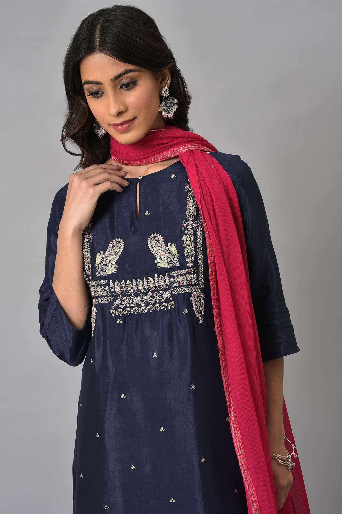 Blue Shatung Embroidered Festive kurta With Pink Tights And Chiffon Dupatta - wforwoman