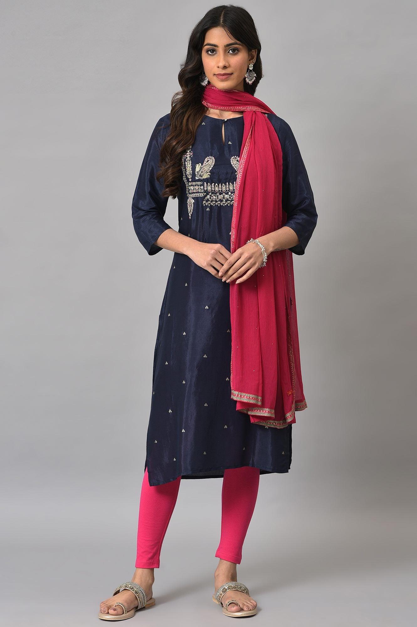 Blue Shatung Embroidered Festive kurta With Pink Tights And Chiffon Dupatta - wforwoman