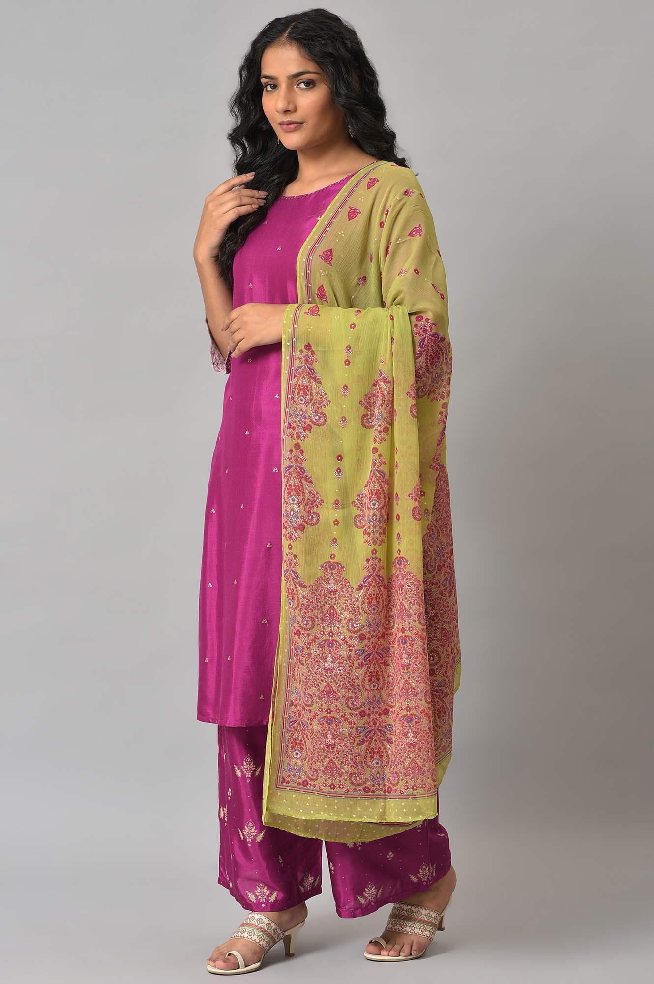Puruple Shatung Embroidered kurta With Parallel Pants And Light Green Dupatta - wforwoman