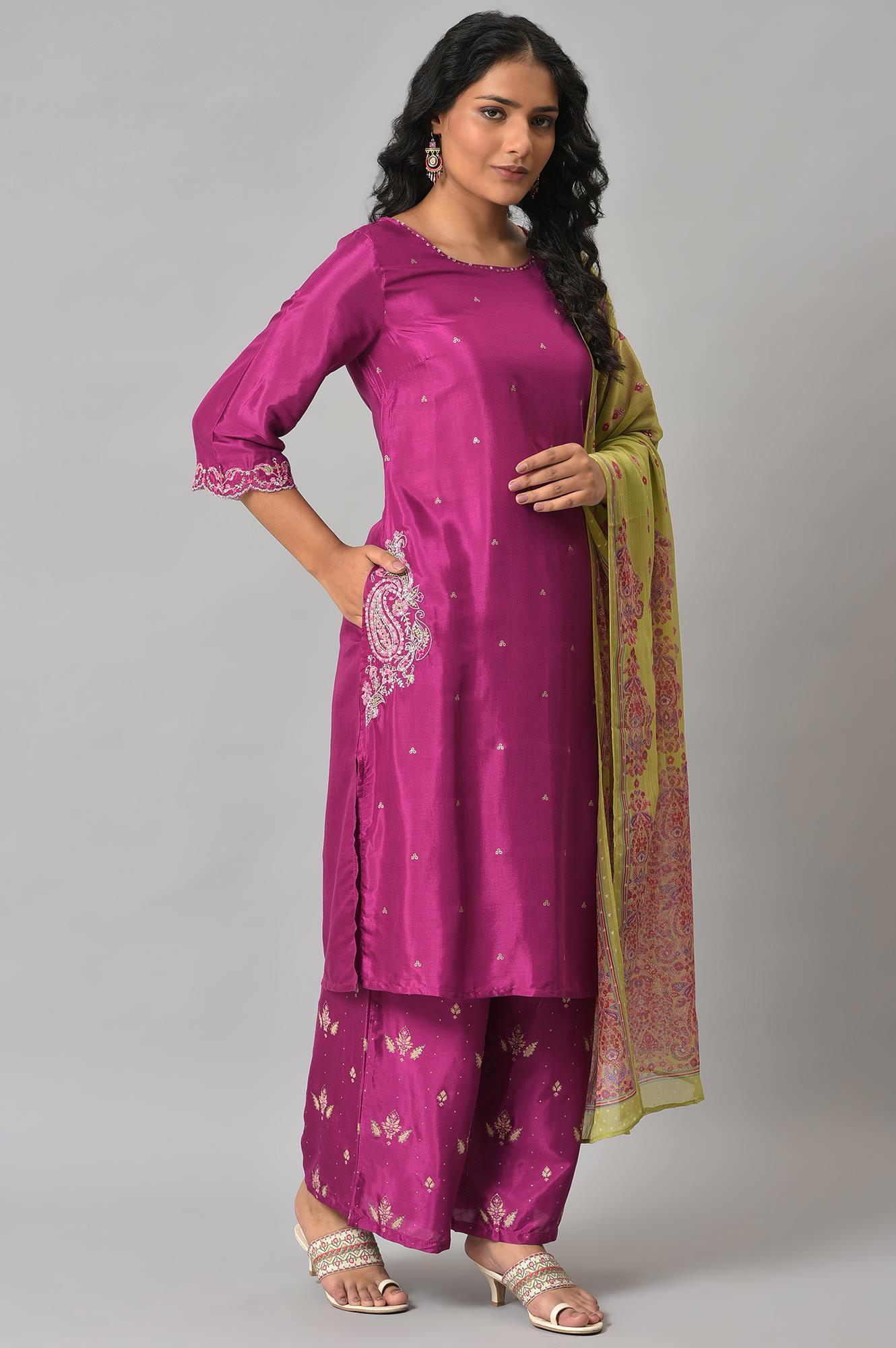 Puruple Shatung Embroidered kurta With Parallel Pants And Light Green Dupatta - wforwoman