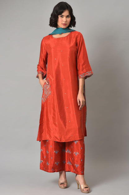 Red Shantung Embroidered kurta With Parallel Pants And Dupatta - wforwoman