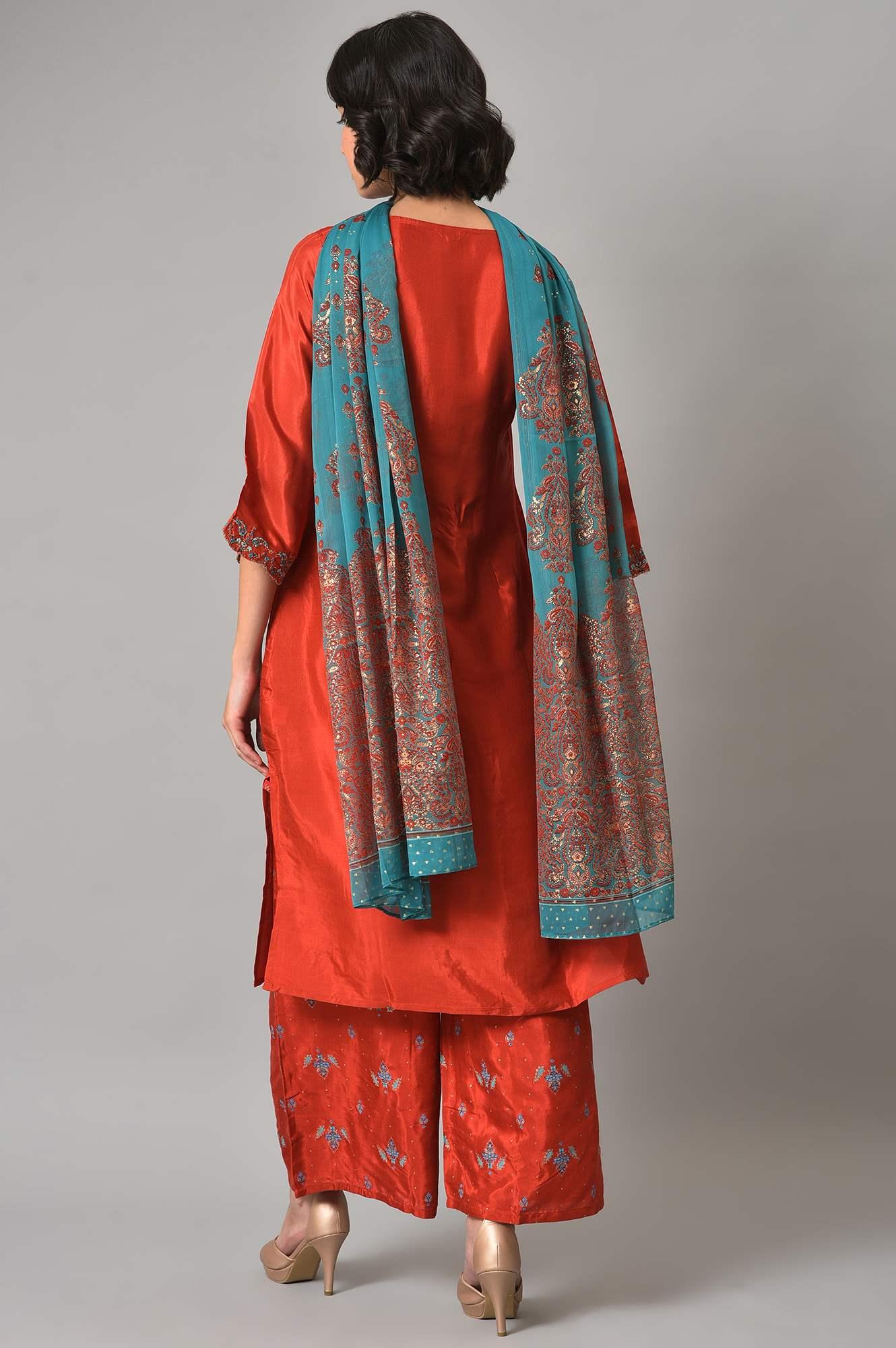 Red Shantung Embroidered kurta With Parallel Pants And Dupatta - wforwoman