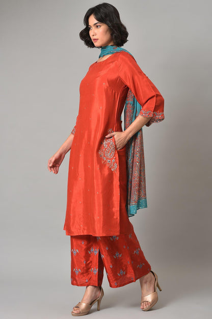 Red Shantung Embroidered kurta With Parallel Pants And Dupatta - wforwoman