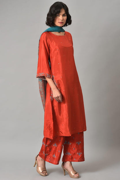 Red Shantung Embroidered kurta With Parallel Pants And Dupatta - wforwoman