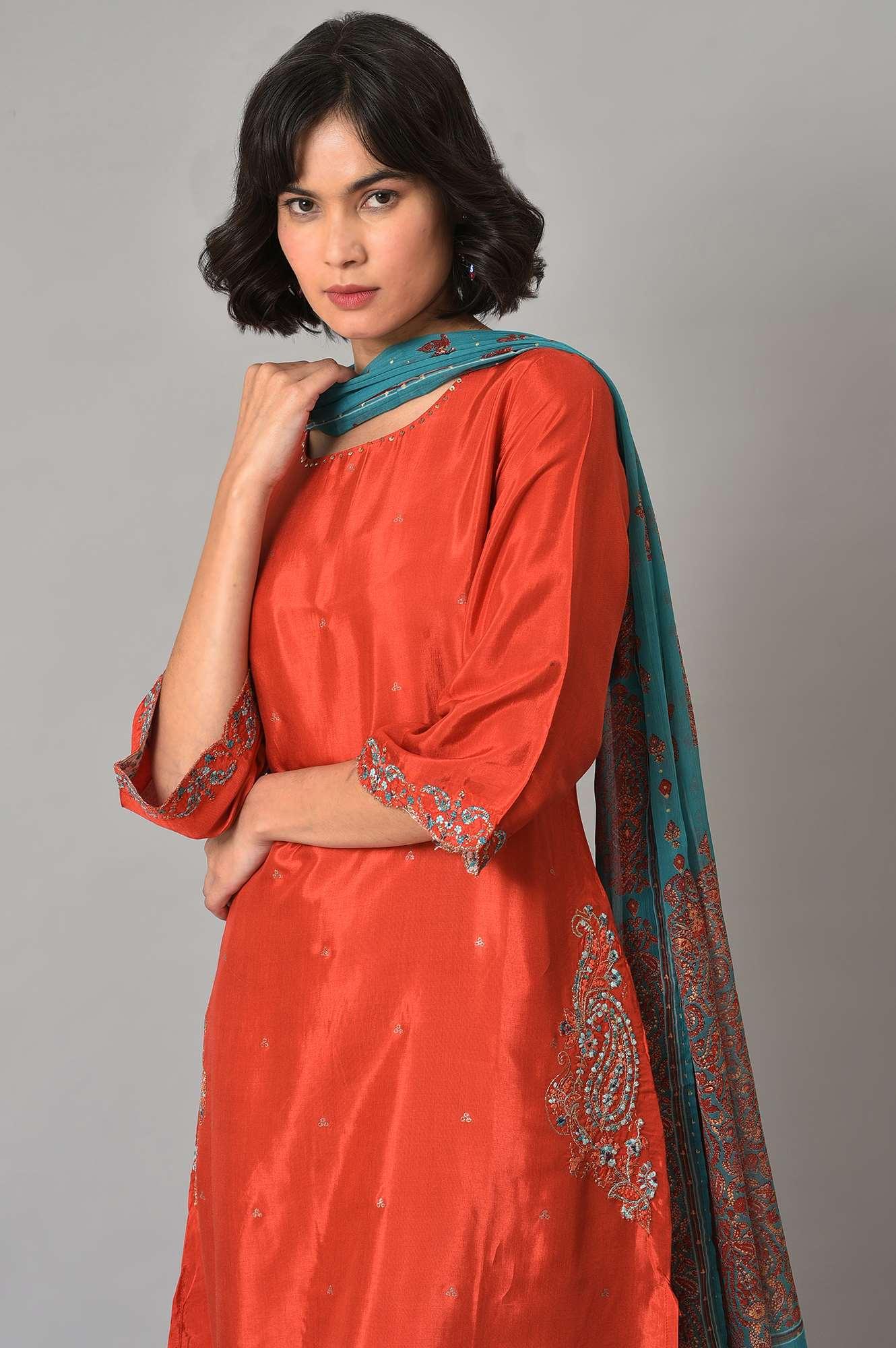 Red Shantung Embroidered kurta With Parallel Pants And Dupatta - wforwoman