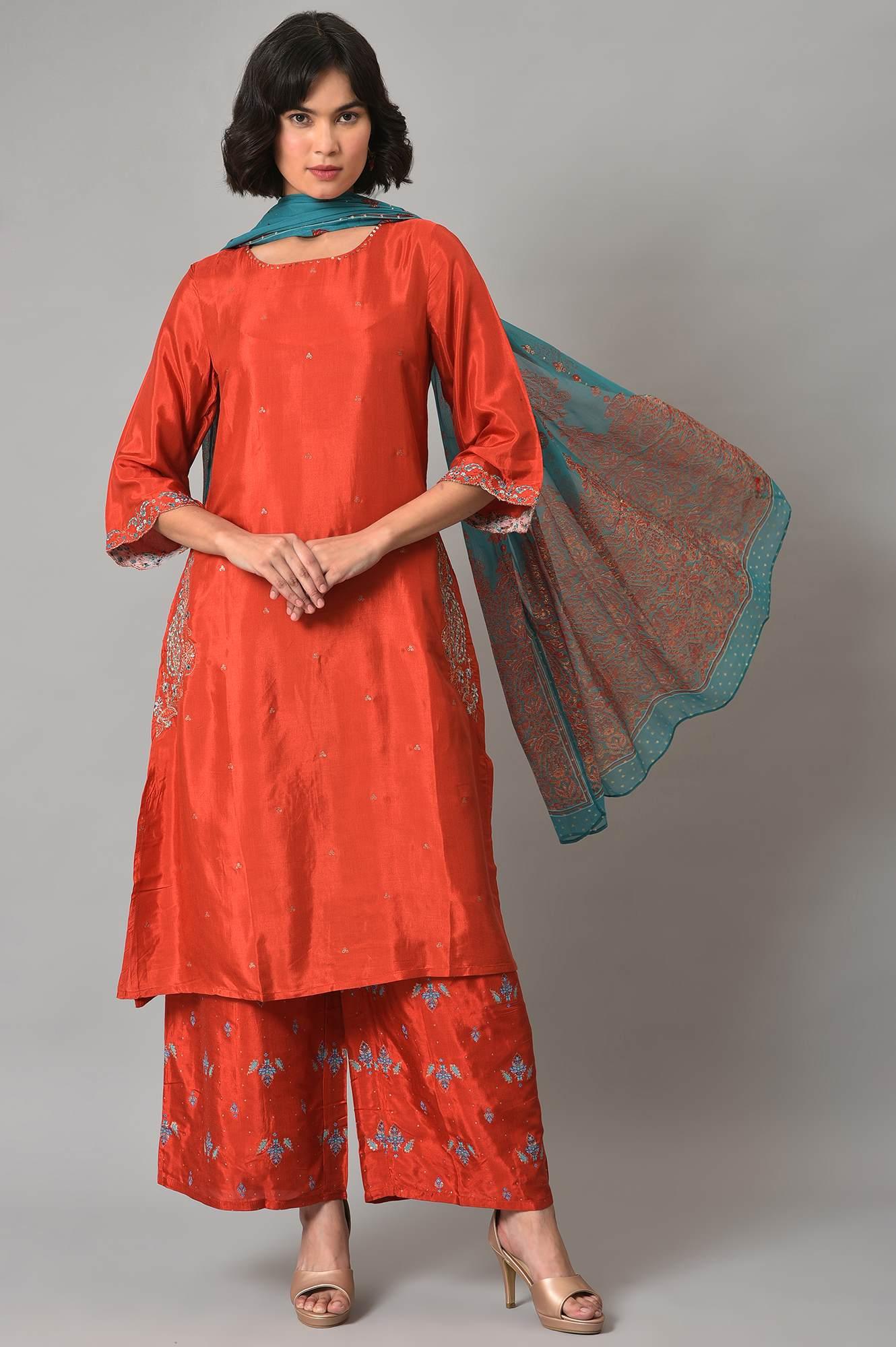 Red Shantung Embroidered kurta With Parallel Pants And Dupatta - wforwoman