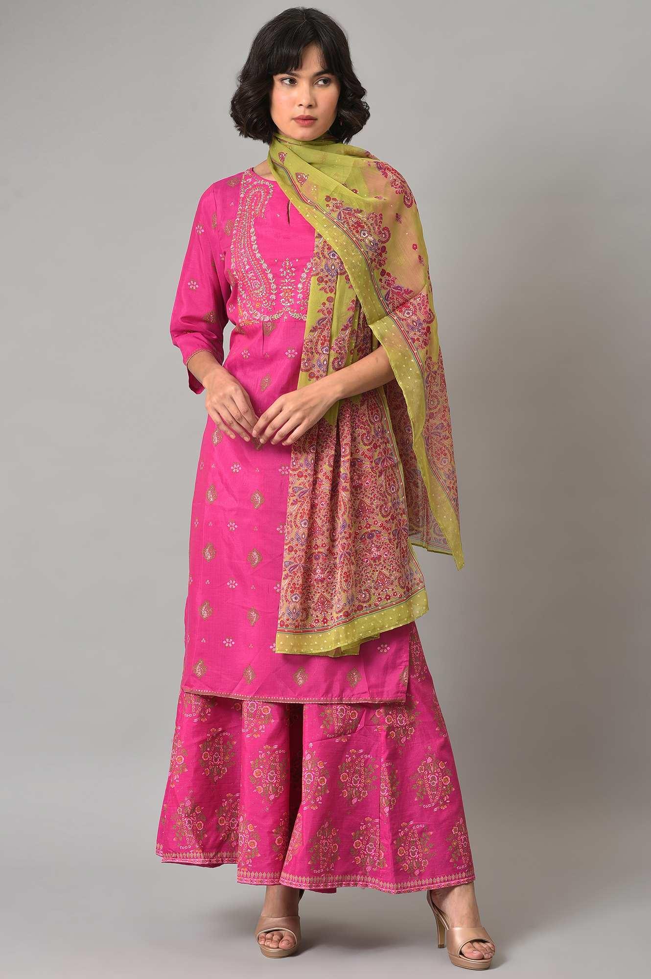 Pink Glitter Printed kurta With Culottes And Green Dupatta - wforwoman