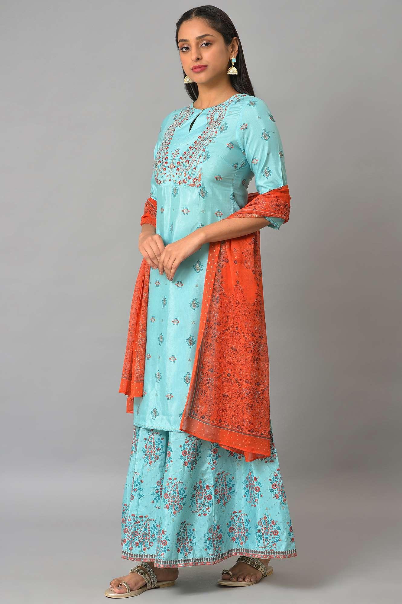 Blue Glitter Printed kurta And Culottes With Red Dupatta - wforwoman