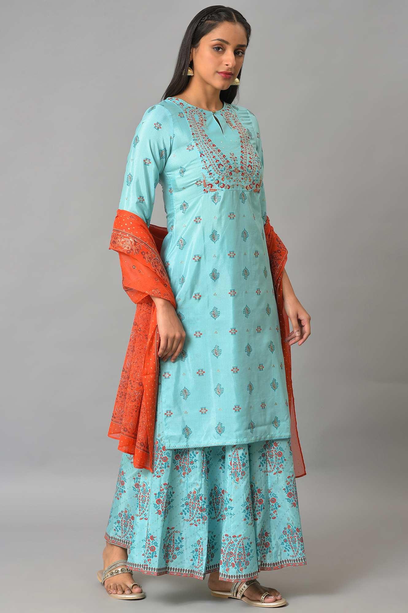Blue Glitter Printed kurta And Culottes With Red Dupatta - wforwoman