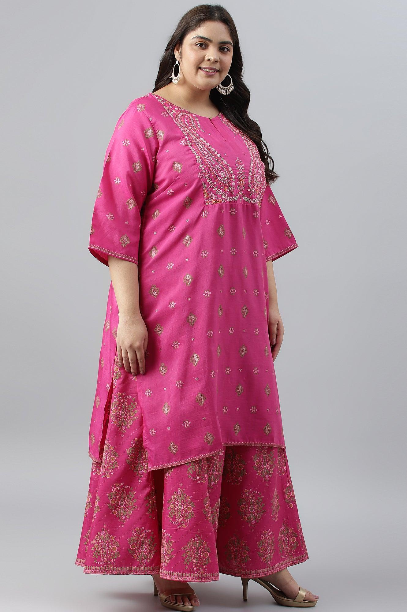 Plus Size Pink Printed kurta With Culottes And Green Dupatta - wforwoman