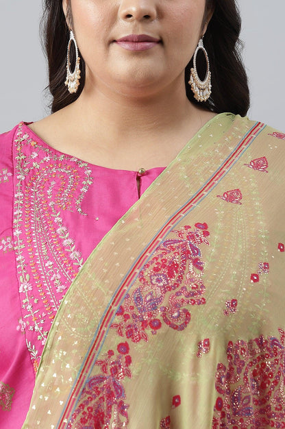 Plus Size Pink Printed kurta With Culottes And Green Dupatta - wforwoman