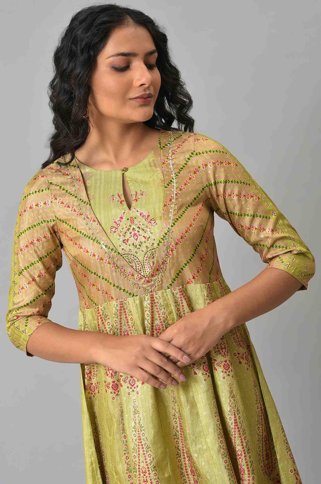 Light Green Karnataka Silk kurta With Dark Pink Tights - wforwoman