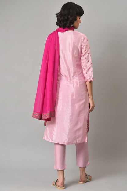Pink Embroidered Shantung kurta With Slim Pants And Dupatta - wforwoman