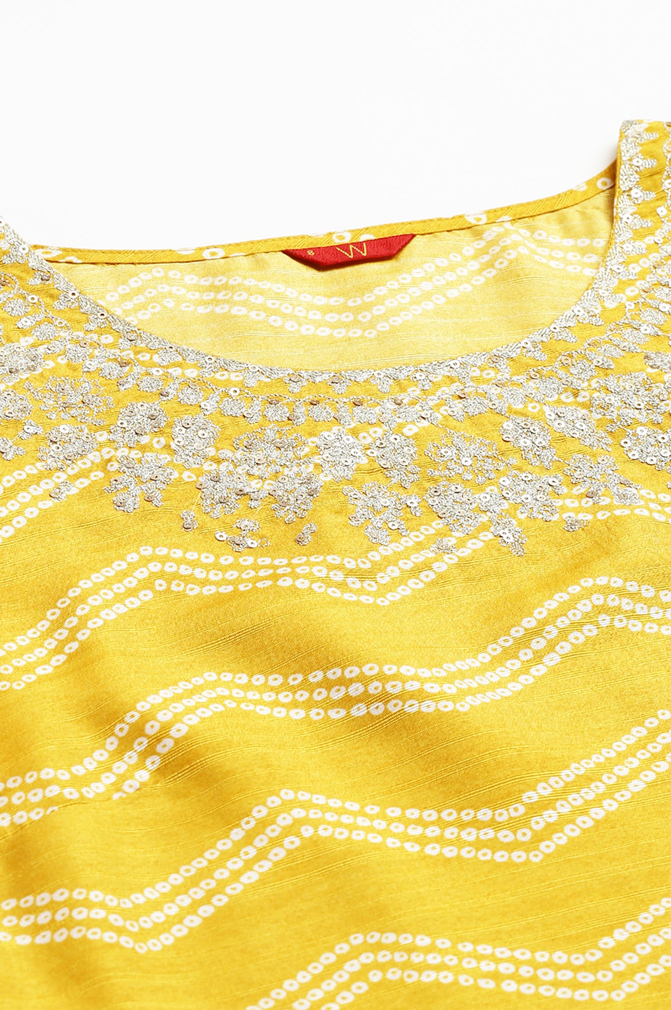 Yellow Bandhani Printed kurta In Round Neck With Parallel Pants And Dupatta