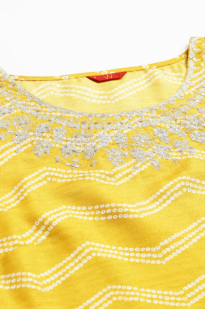 Yellow Bandhani Printed kurta In Round Neck With Parallel Pants And Dupatta