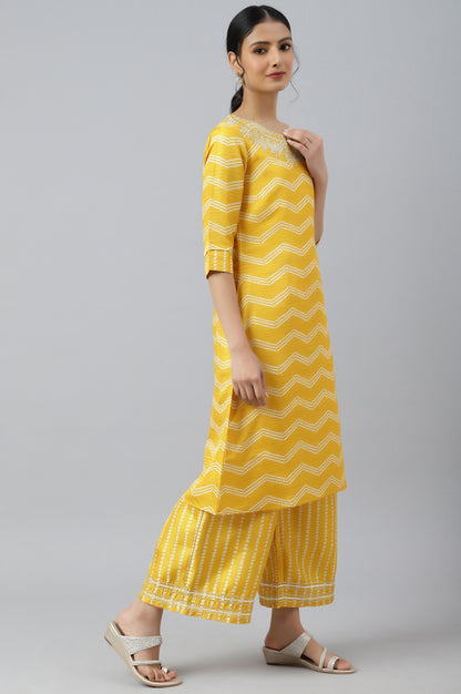 Yellow Bandhani Printed kurta In Round Neck With Parallel Pants And Dupatta