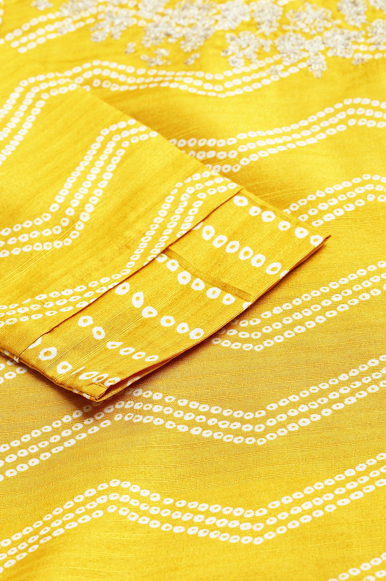 Yellow Bandhani Printed kurta In Round Neck With Parallel Pants And Dupatta