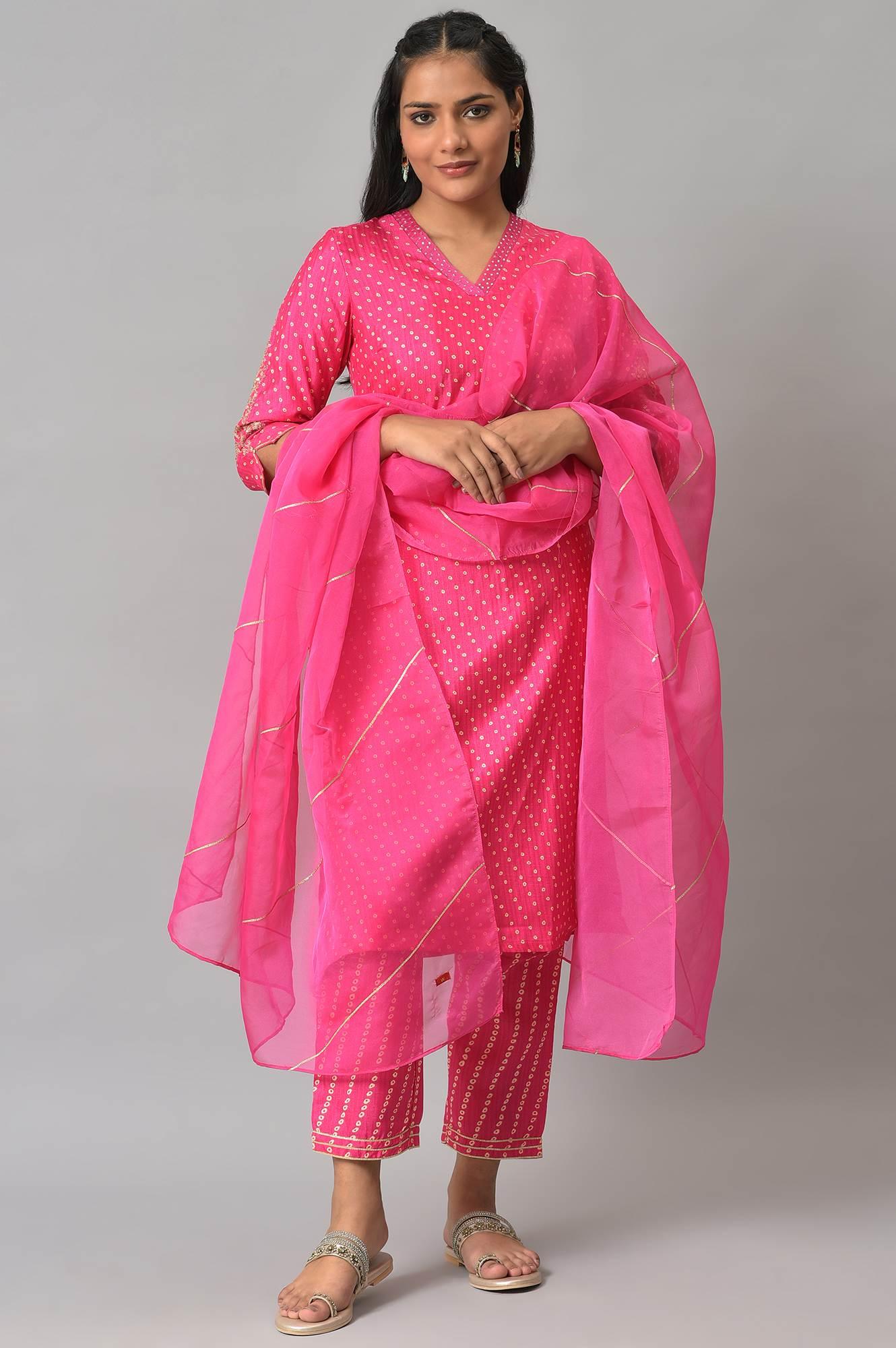 Pink Bandhani Printed Embroidered kurta With Pants And Organza Dupatta - wforwoman