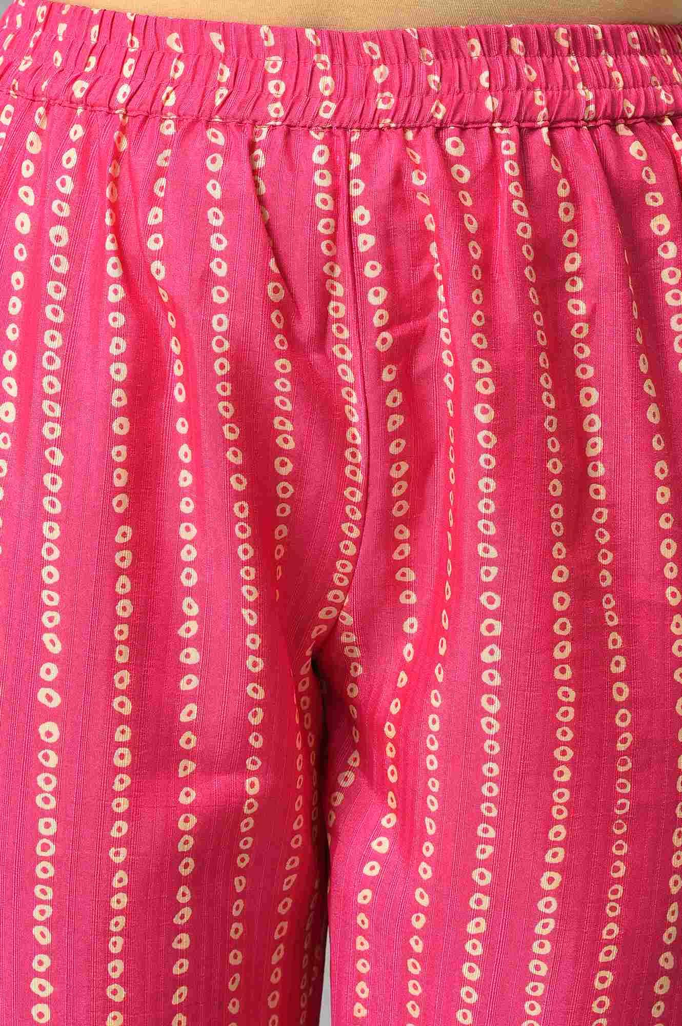 Pink Bandhani Printed Embroidered kurta With Pants And Organza Dupatta - wforwoman