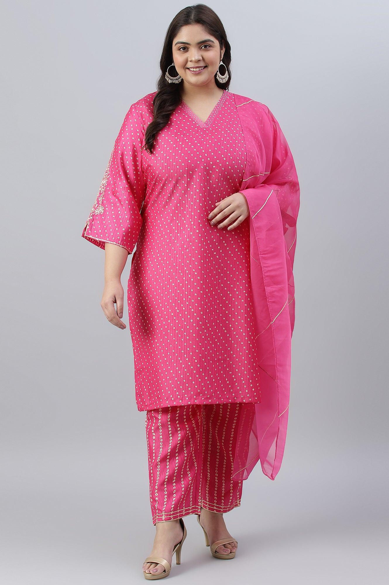 Plus Size Pink Bandhani Printed Embroidered kurta With Pants And Organza Dupatta - wforwoman