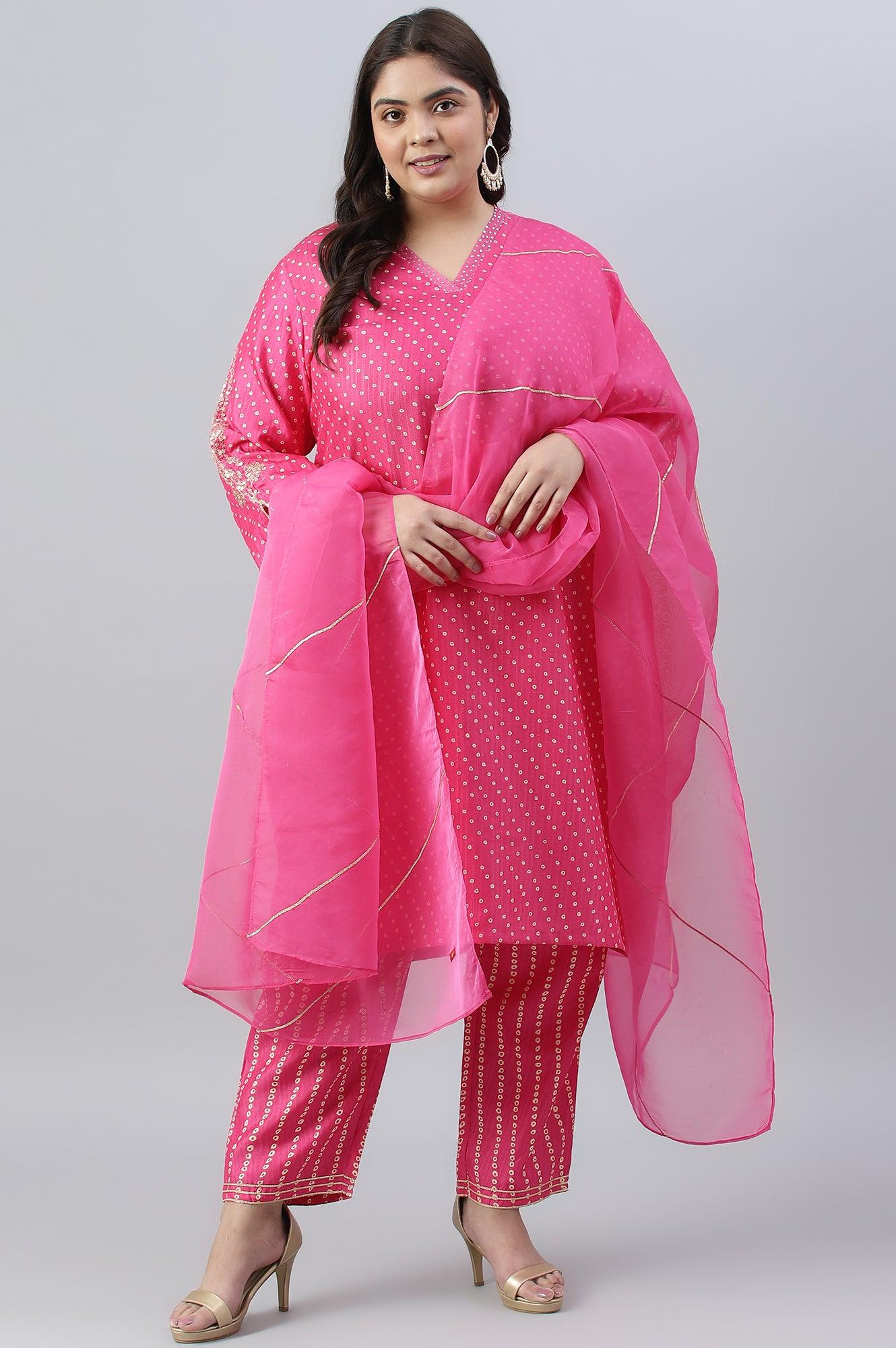 Plus Size Pink Bandhani Printed Embroidered kurta With Pants And Organza Dupatta - wforwoman
