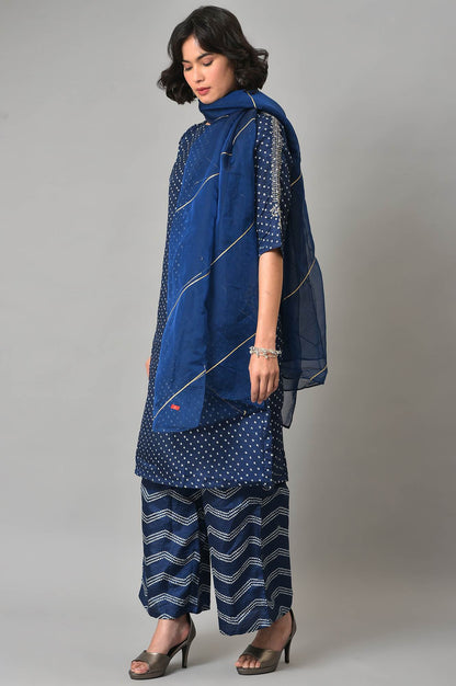 Blue Bandhani Printed kurta With Bandhani Pants And Organza Dupatta